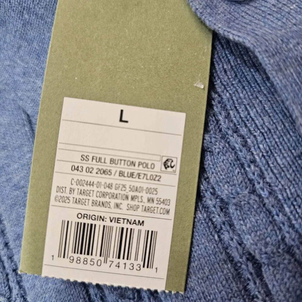 Goodfellow Cable Knit Button Up Polo Shirt Men’s Large Blue NWT Short Sleeve